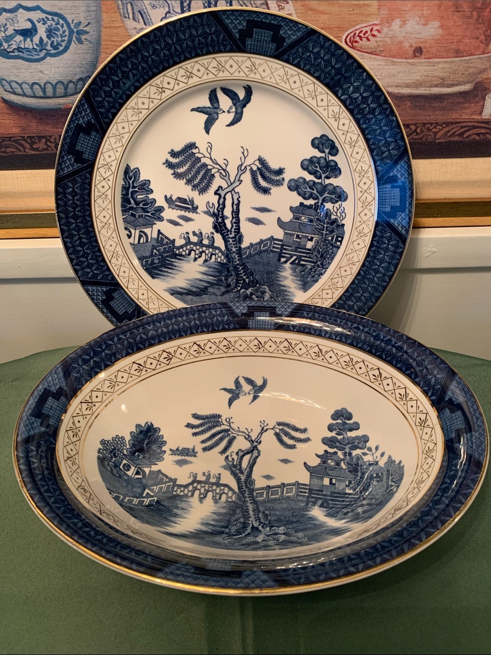 1945-1952 Occupied Japan Blue Willow/Gold Accents Oval Serving Bowl & 10” Plate